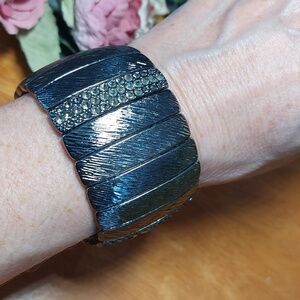 Dark Silvertone Metal Wide Stretch Bracelet With Crystal Accents